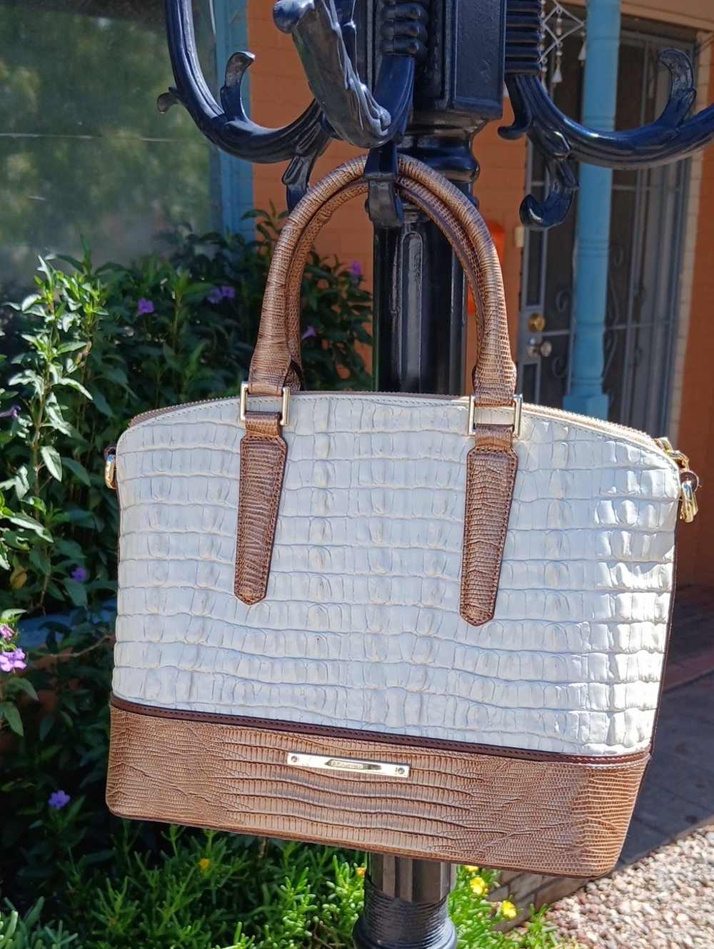 Brahmin Cream and Brown Croc-Embossed Satchel with Gold Hardware